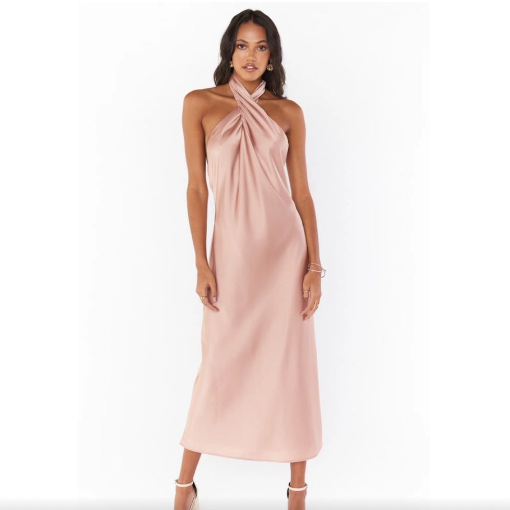 Show Me Your Mumu Jasmine Halter Midi Dress Rose Gold Satin Medium